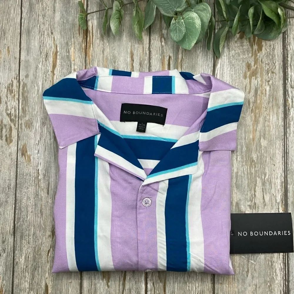 Men’s Rayon Striped Resort Short Sleeve Button Front Shirt Size L
